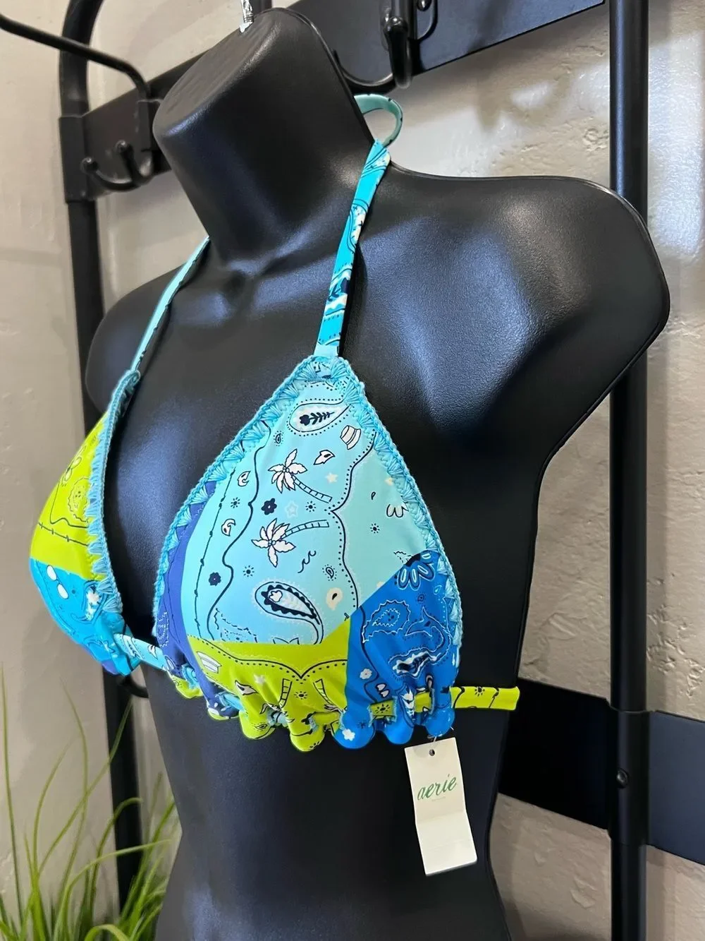 Aerie Crochet Trim String Triangle Bikini Top Size Large